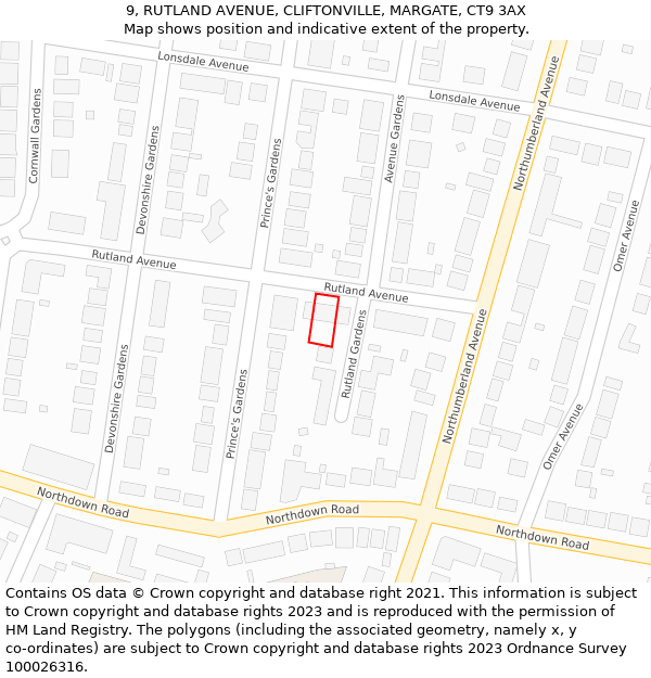 9, RUTLAND AVENUE, CLIFTONVILLE, MARGATE, CT9 3AX: Location map and indicative extent of plot