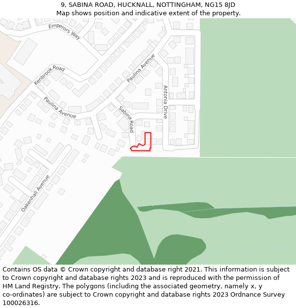9, SABINA ROAD, HUCKNALL, NOTTINGHAM, NG15 8JD: Location map and indicative extent of plot