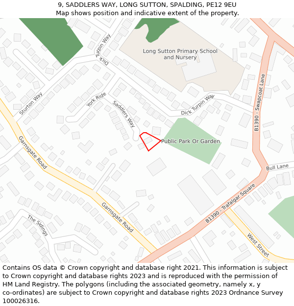 9, SADDLERS WAY, LONG SUTTON, SPALDING, PE12 9EU: Location map and indicative extent of plot