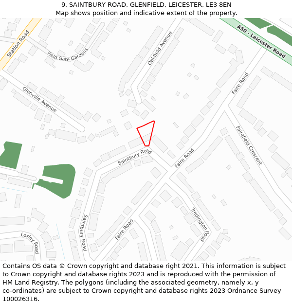 9, SAINTBURY ROAD, GLENFIELD, LEICESTER, LE3 8EN: Location map and indicative extent of plot