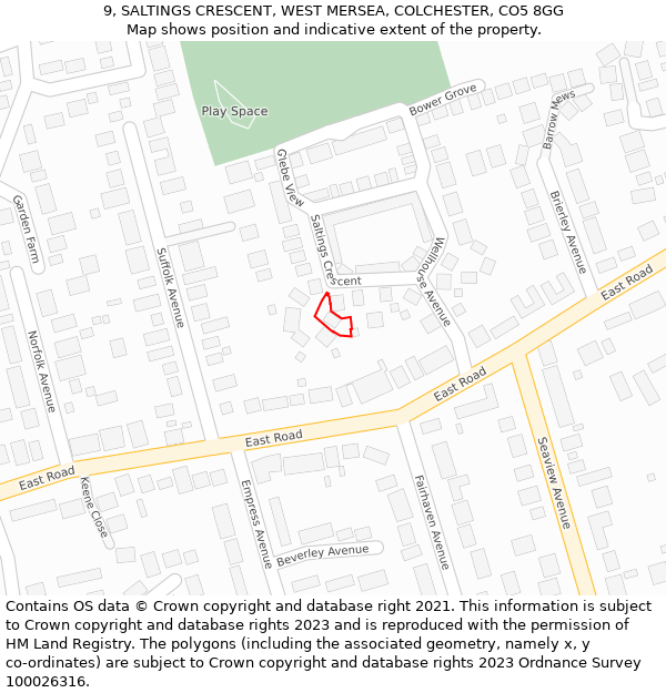 9, SALTINGS CRESCENT, WEST MERSEA, COLCHESTER, CO5 8GG: Location map and indicative extent of plot