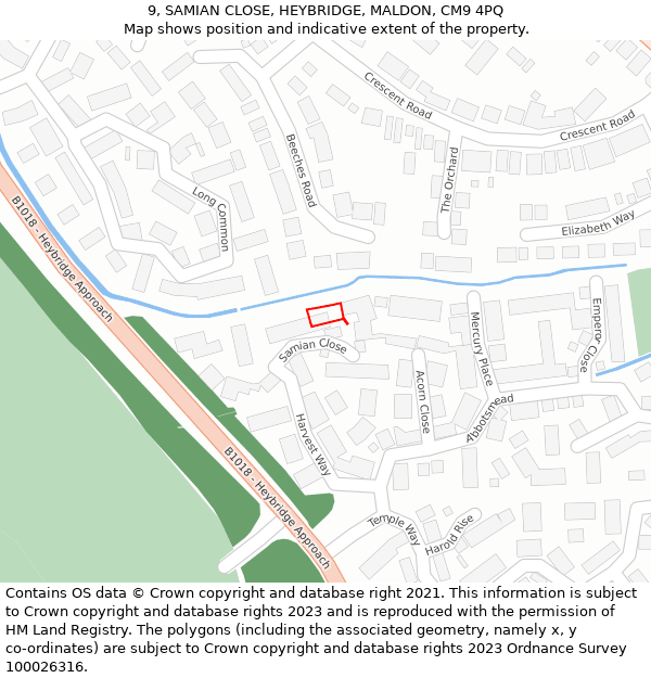 9, SAMIAN CLOSE, HEYBRIDGE, MALDON, CM9 4PQ: Location map and indicative extent of plot