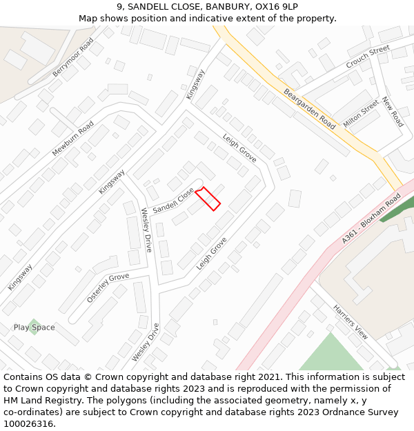 9, SANDELL CLOSE, BANBURY, OX16 9LP: Location map and indicative extent of plot