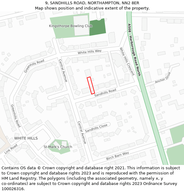 9, SANDHILLS ROAD, NORTHAMPTON, NN2 8ER: Location map and indicative extent of plot