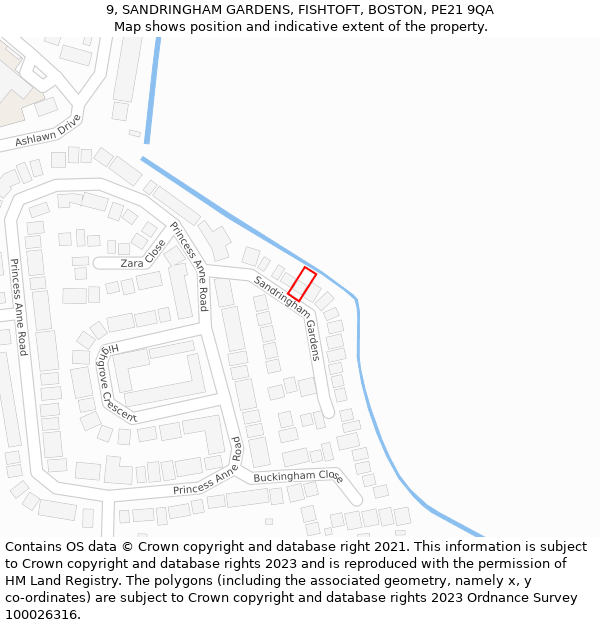 9, SANDRINGHAM GARDENS, FISHTOFT, BOSTON, PE21 9QA: Location map and indicative extent of plot