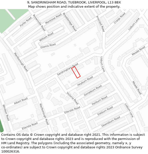 9, SANDRINGHAM ROAD, TUEBROOK, LIVERPOOL, L13 8BX: Location map and indicative extent of plot