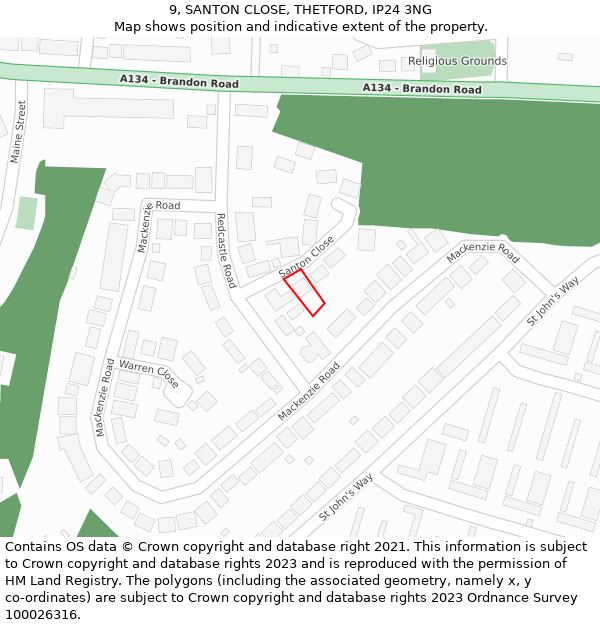 9, SANTON CLOSE, THETFORD, IP24 3NG: Location map and indicative extent of plot