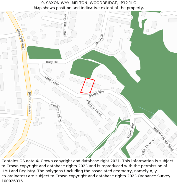 9, SAXON WAY, MELTON, WOODBRIDGE, IP12 1LG: Location map and indicative extent of plot