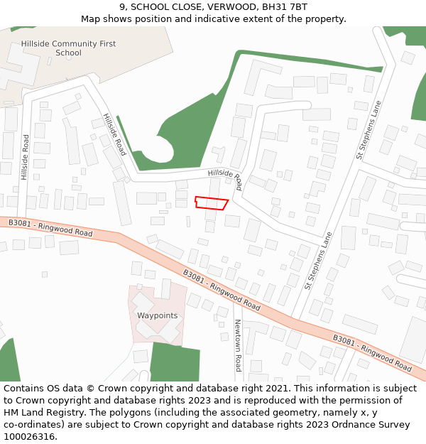 9, SCHOOL CLOSE, VERWOOD, BH31 7BT: Location map and indicative extent of plot