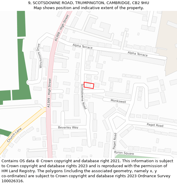 9, SCOTSDOWNE ROAD, TRUMPINGTON, CAMBRIDGE, CB2 9HU: Location map and indicative extent of plot