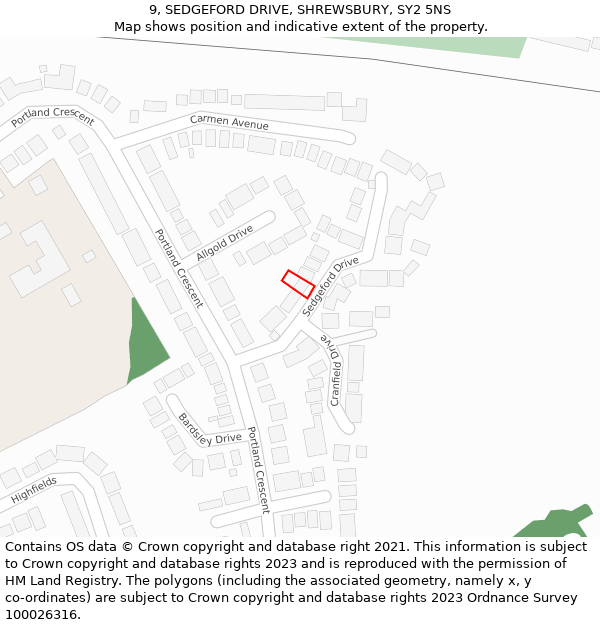 9, SEDGEFORD DRIVE, SHREWSBURY, SY2 5NS: Location map and indicative extent of plot