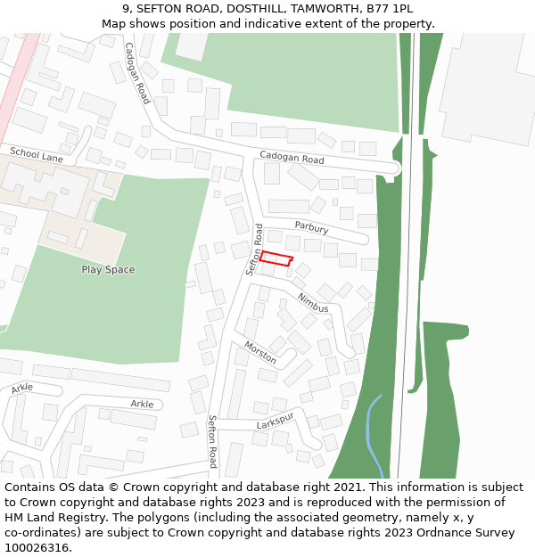 9, SEFTON ROAD, DOSTHILL, TAMWORTH, B77 1PL: Location map and indicative extent of plot