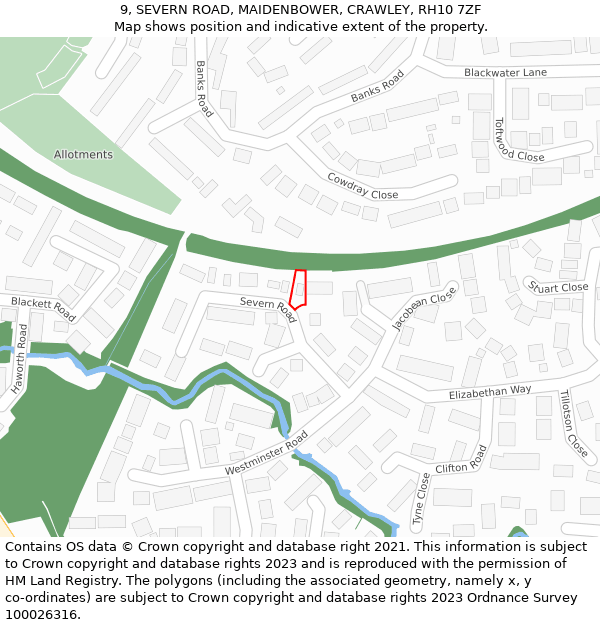 9, SEVERN ROAD, MAIDENBOWER, CRAWLEY, RH10 7ZF: Location map and indicative extent of plot