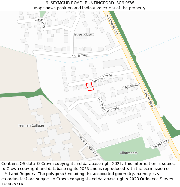 9, SEYMOUR ROAD, BUNTINGFORD, SG9 9SW: Location map and indicative extent of plot