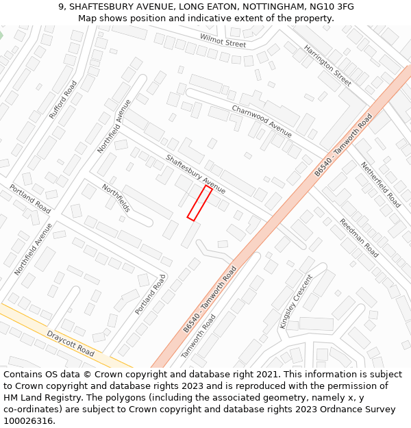 9, SHAFTESBURY AVENUE, LONG EATON, NOTTINGHAM, NG10 3FG: Location map and indicative extent of plot