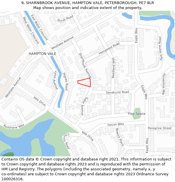 9, SHARNBROOK AVENUE, HAMPTON VALE, PETERBOROUGH, PE7 8LR: Location map and indicative extent of plot