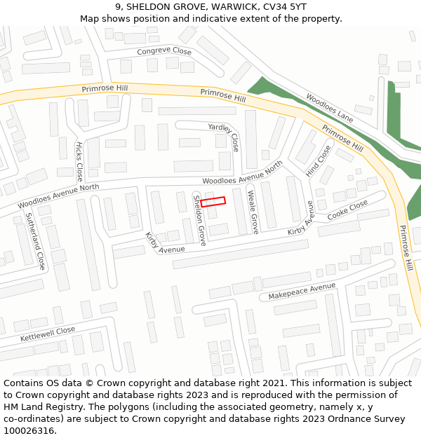 9, SHELDON GROVE, WARWICK, CV34 5YT: Location map and indicative extent of plot