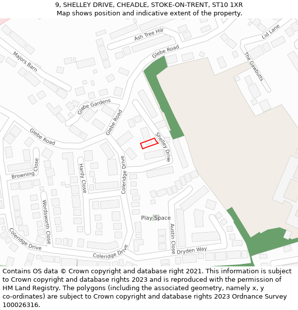 9, SHELLEY DRIVE, CHEADLE, STOKE-ON-TRENT, ST10 1XR: Location map and indicative extent of plot