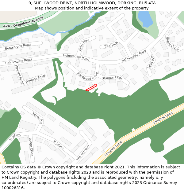 9, SHELLWOOD DRIVE, NORTH HOLMWOOD, DORKING, RH5 4TA: Location map and indicative extent of plot