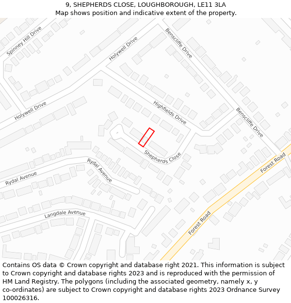 9, SHEPHERDS CLOSE, LOUGHBOROUGH, LE11 3LA: Location map and indicative extent of plot