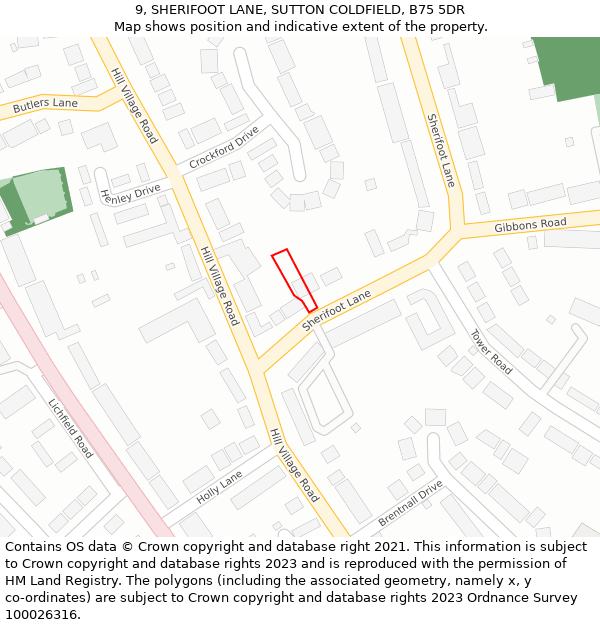 9, SHERIFOOT LANE, SUTTON COLDFIELD, B75 5DR: Location map and indicative extent of plot