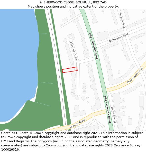 9, SHERWOOD CLOSE, SOLIHULL, B92 7AD: Location map and indicative extent of plot