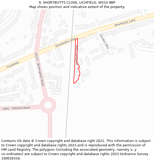 9, SHORTBUTTS CLOSE, LICHFIELD, WS14 9BP: Location map and indicative extent of plot