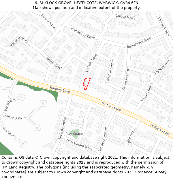 9, SHYLOCK GROVE, HEATHCOTE, WARWICK, CV34 6FN: Location map and indicative extent of plot