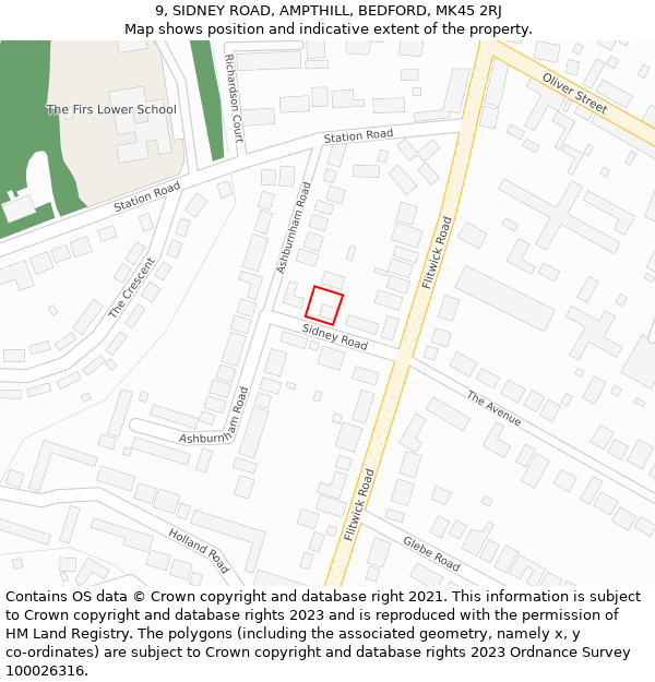 9, SIDNEY ROAD, AMPTHILL, BEDFORD, MK45 2RJ: Location map and indicative extent of plot