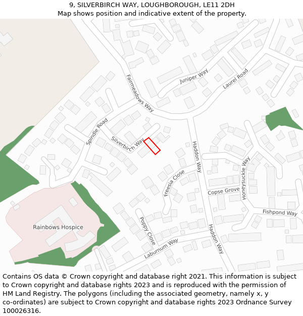9, SILVERBIRCH WAY, LOUGHBOROUGH, LE11 2DH: Location map and indicative extent of plot