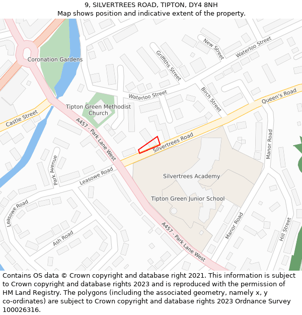 9, SILVERTREES ROAD, TIPTON, DY4 8NH: Location map and indicative extent of plot