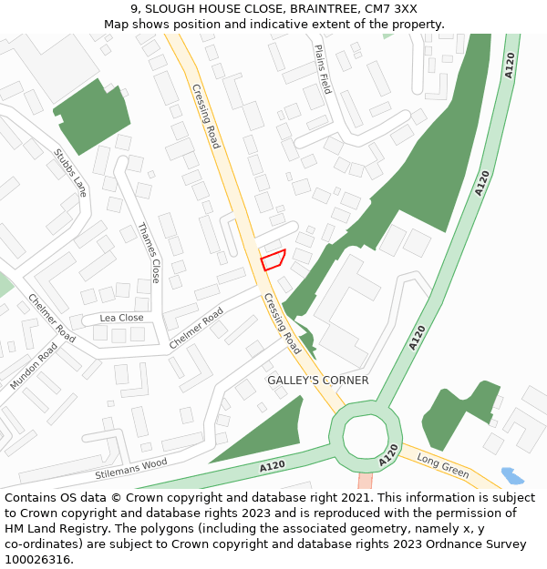 9, SLOUGH HOUSE CLOSE, BRAINTREE, CM7 3XX: Location map and indicative extent of plot