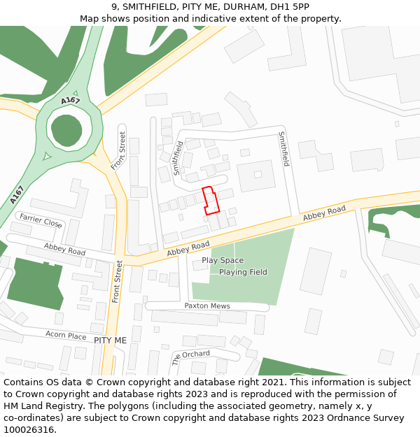 9, SMITHFIELD, PITY ME, DURHAM, DH1 5PP: Location map and indicative extent of plot