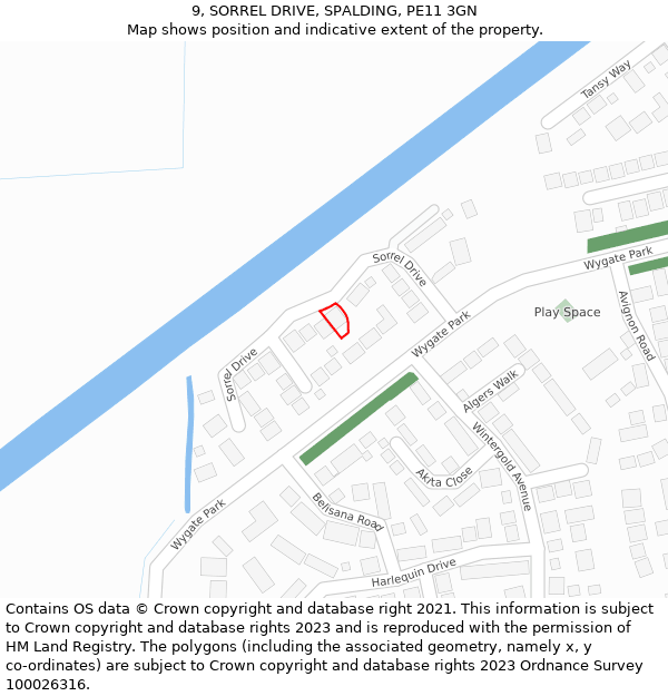 9, SORREL DRIVE, SPALDING, PE11 3GN: Location map and indicative extent of plot