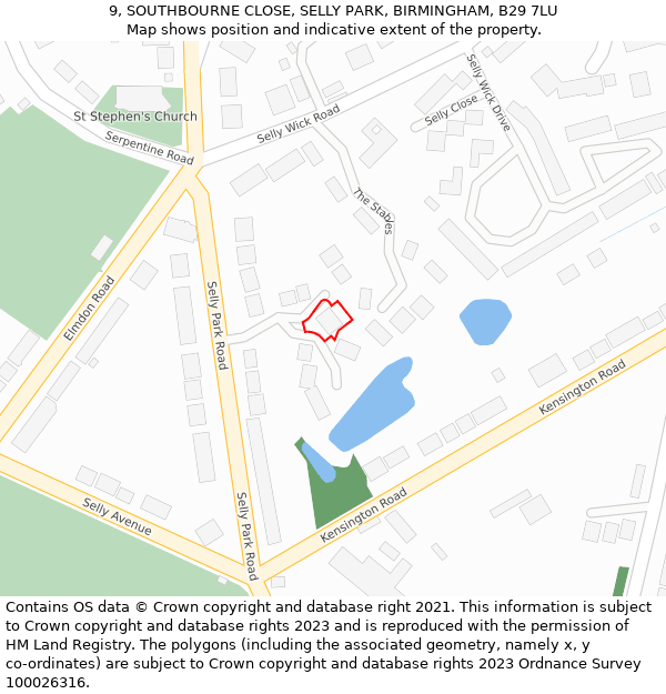 9, SOUTHBOURNE CLOSE, SELLY PARK, BIRMINGHAM, B29 7LU: Location map and indicative extent of plot