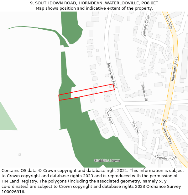 9, SOUTHDOWN ROAD, HORNDEAN, WATERLOOVILLE, PO8 0ET: Location map and indicative extent of plot