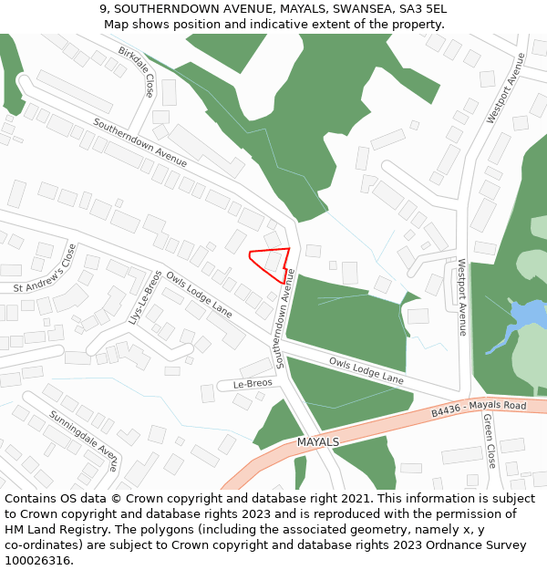 9, SOUTHERNDOWN AVENUE, MAYALS, SWANSEA, SA3 5EL: Location map and indicative extent of plot