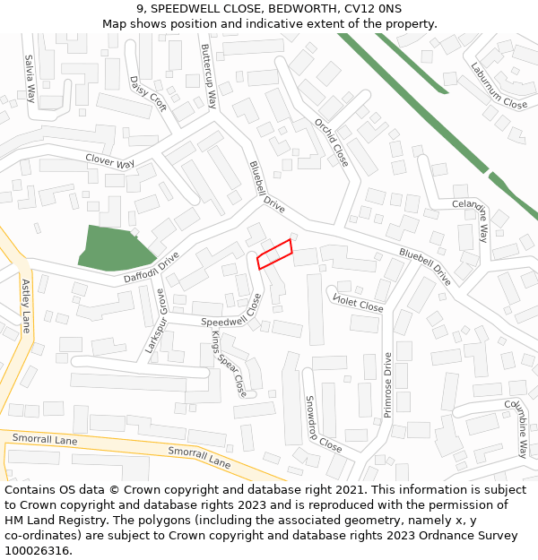 9, SPEEDWELL CLOSE, BEDWORTH, CV12 0NS: Location map and indicative extent of plot