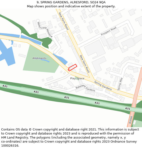 9, SPRING GARDENS, ALRESFORD, SO24 9QA: Location map and indicative extent of plot