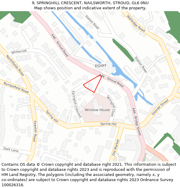 9, SPRINGHILL CRESCENT, NAILSWORTH, STROUD, GL6 0NU: Location map and indicative extent of plot