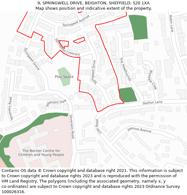 9, SPRINGWELL DRIVE, BEIGHTON, SHEFFIELD, S20 1XA: Location map and indicative extent of plot