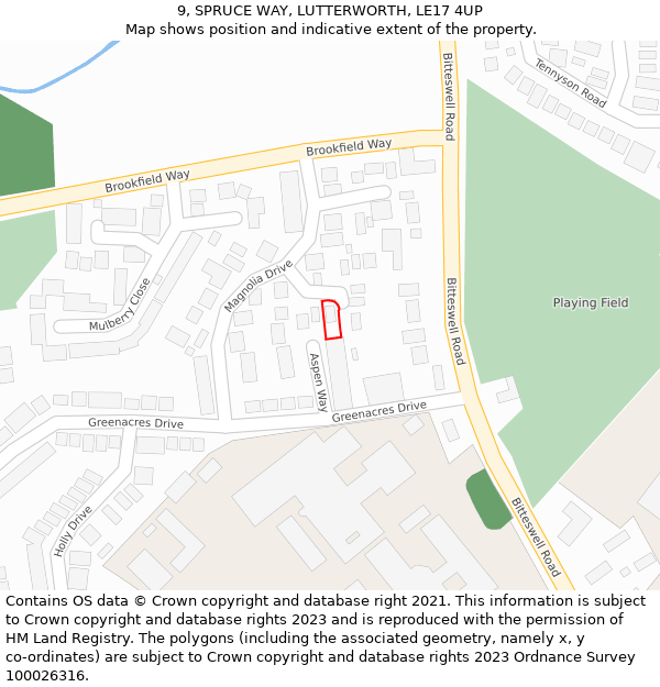 9, SPRUCE WAY, LUTTERWORTH, LE17 4UP: Location map and indicative extent of plot