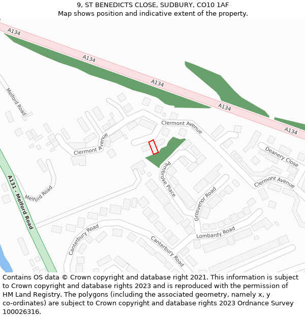 9, ST BENEDICTS CLOSE, SUDBURY, CO10 1AF: Location map and indicative extent of plot