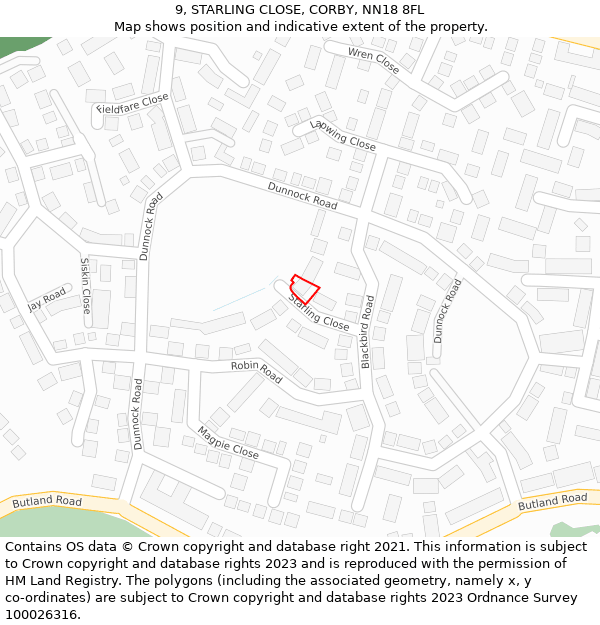 9, STARLING CLOSE, CORBY, NN18 8FL: Location map and indicative extent of plot