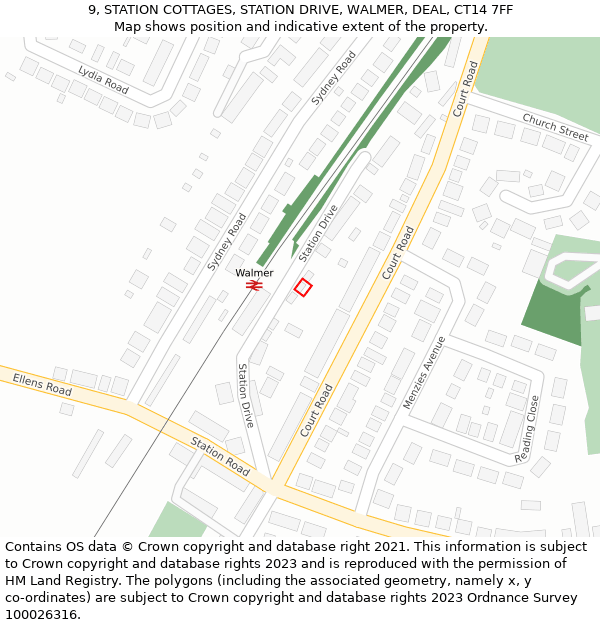 9, STATION COTTAGES, STATION DRIVE, WALMER, DEAL, CT14 7FF: Location map and indicative extent of plot