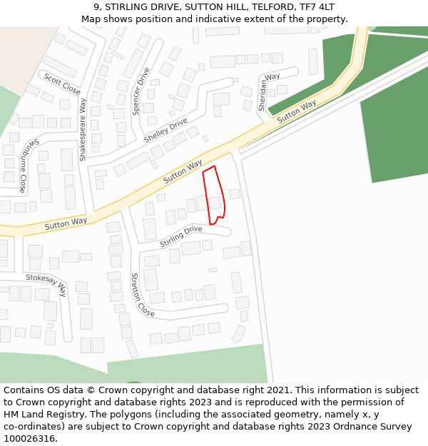 9, STIRLING DRIVE, SUTTON HILL, TELFORD, TF7 4LT: Location map and indicative extent of plot