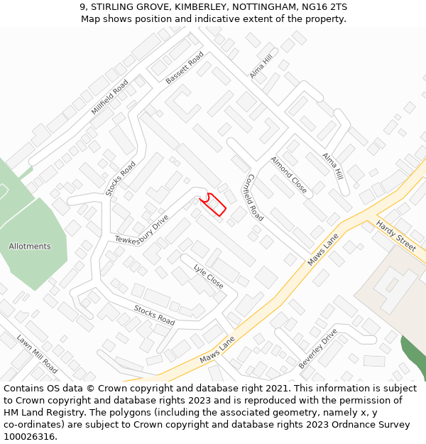 9, STIRLING GROVE, KIMBERLEY, NOTTINGHAM, NG16 2TS: Location map and indicative extent of plot