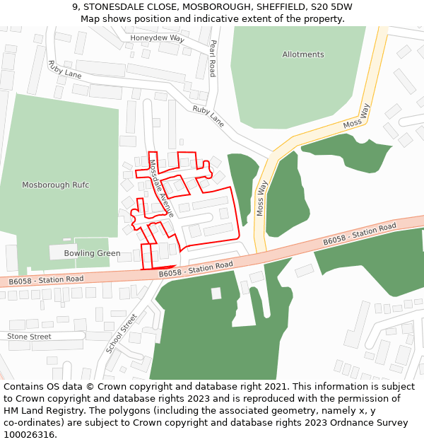 9, STONESDALE CLOSE, MOSBOROUGH, SHEFFIELD, S20 5DW: Location map and indicative extent of plot