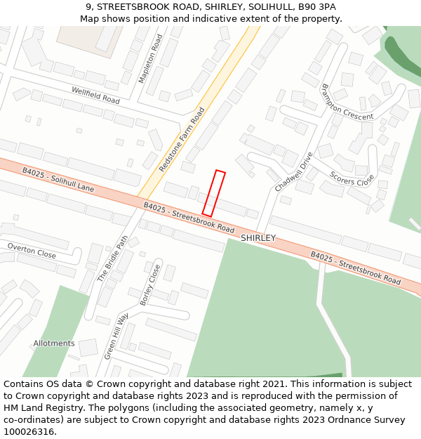 9, STREETSBROOK ROAD, SHIRLEY, SOLIHULL, B90 3PA: Location map and indicative extent of plot