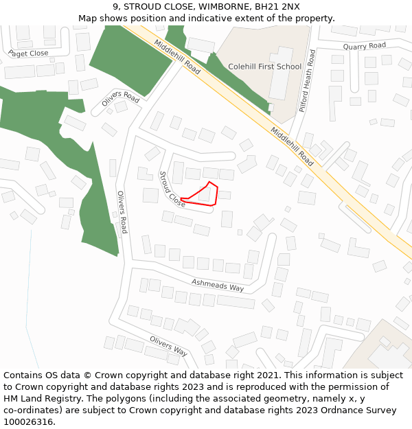 9, STROUD CLOSE, WIMBORNE, BH21 2NX: Location map and indicative extent of plot